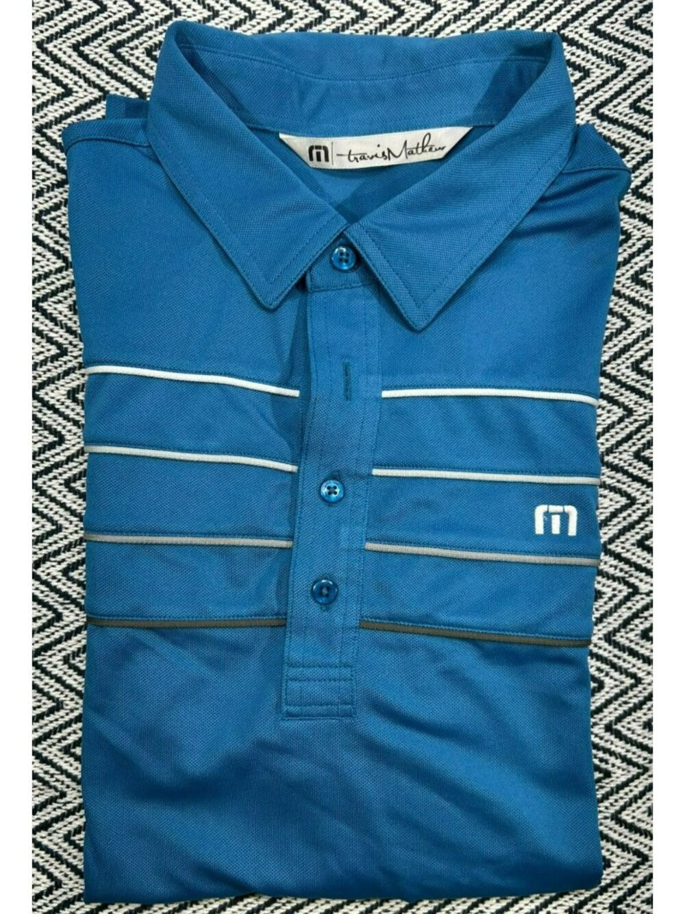 TravisMathew Men's Blue Striped Polo Shirt Classic Short Sleeve Travis Mathew L